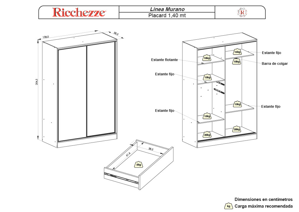 Placard Ricchezze MURANO 1.40 2 Puertas Corredizas (sin espejos)-Pino Blanco - Imagen 4